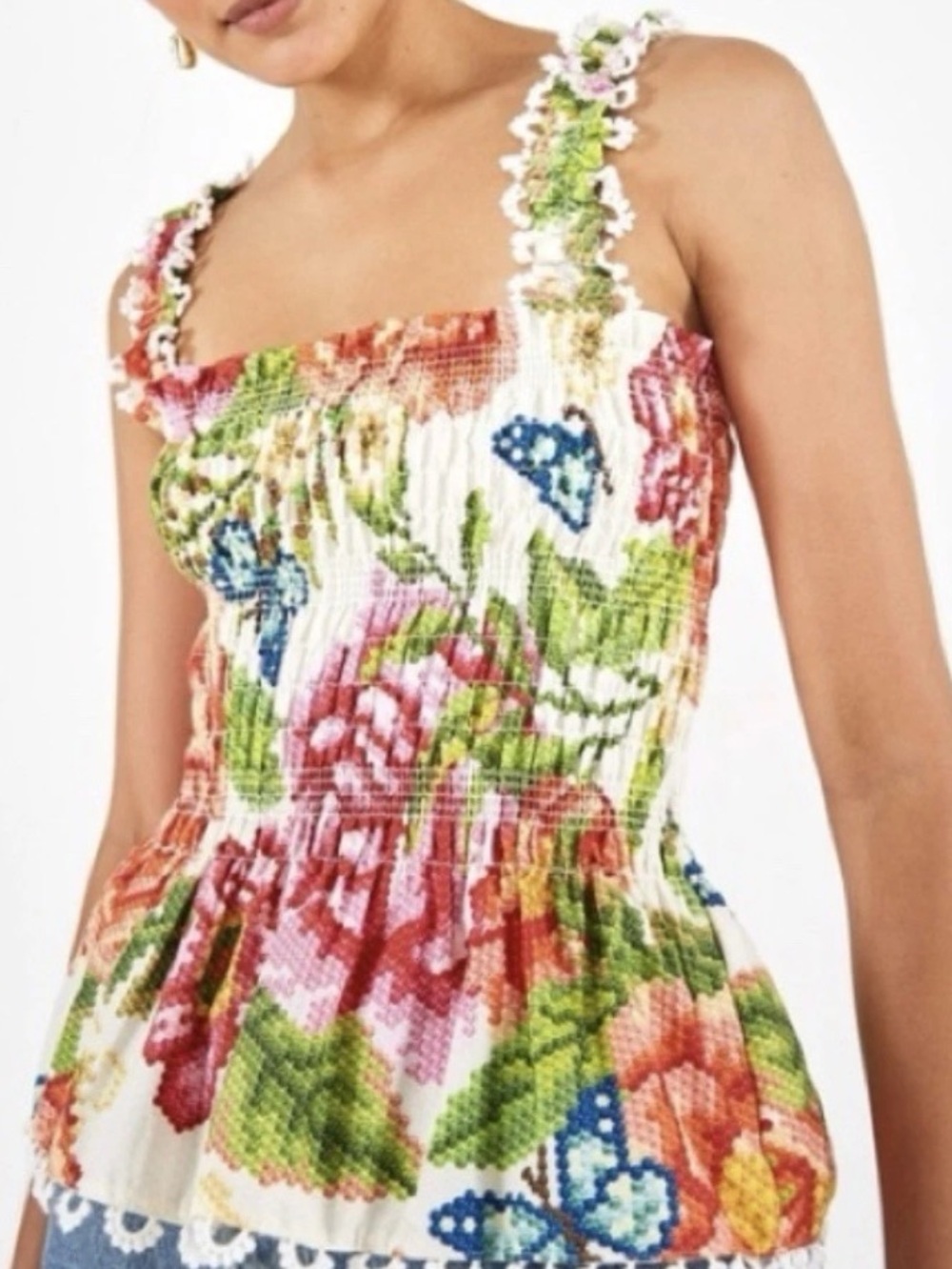 FARM RIO Vintage Peplum Floral Smocked Cami Vibrant Multicolor Size XL